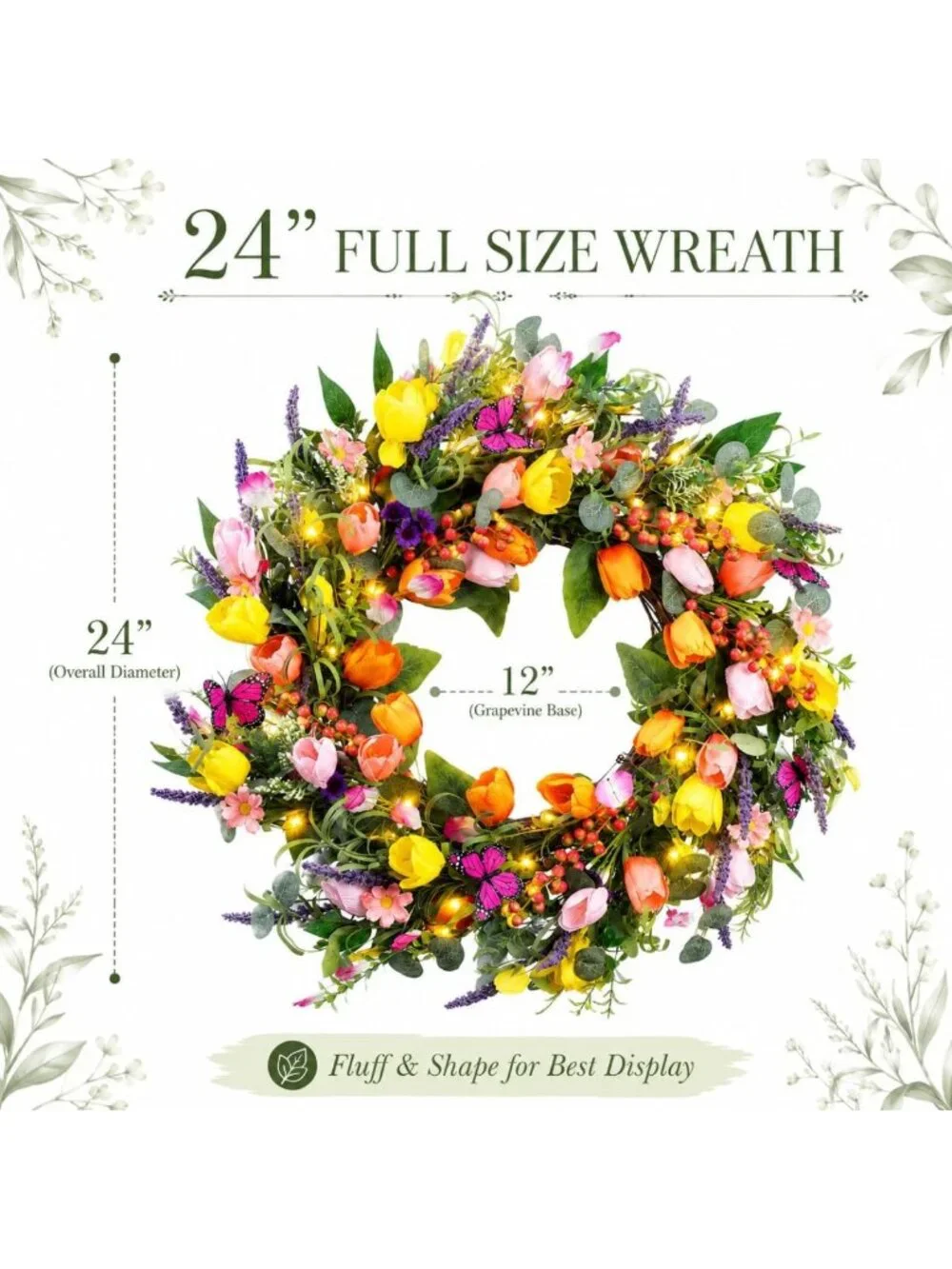 24-Inch Spring Tulip Wreath with Lights & Butterflies for Indoor/Outdoor Decor